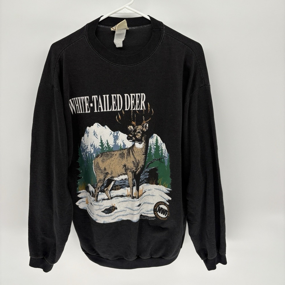 Vintage National Wildlife Federation White Tail Deer Nature Black Sweatshirt XL